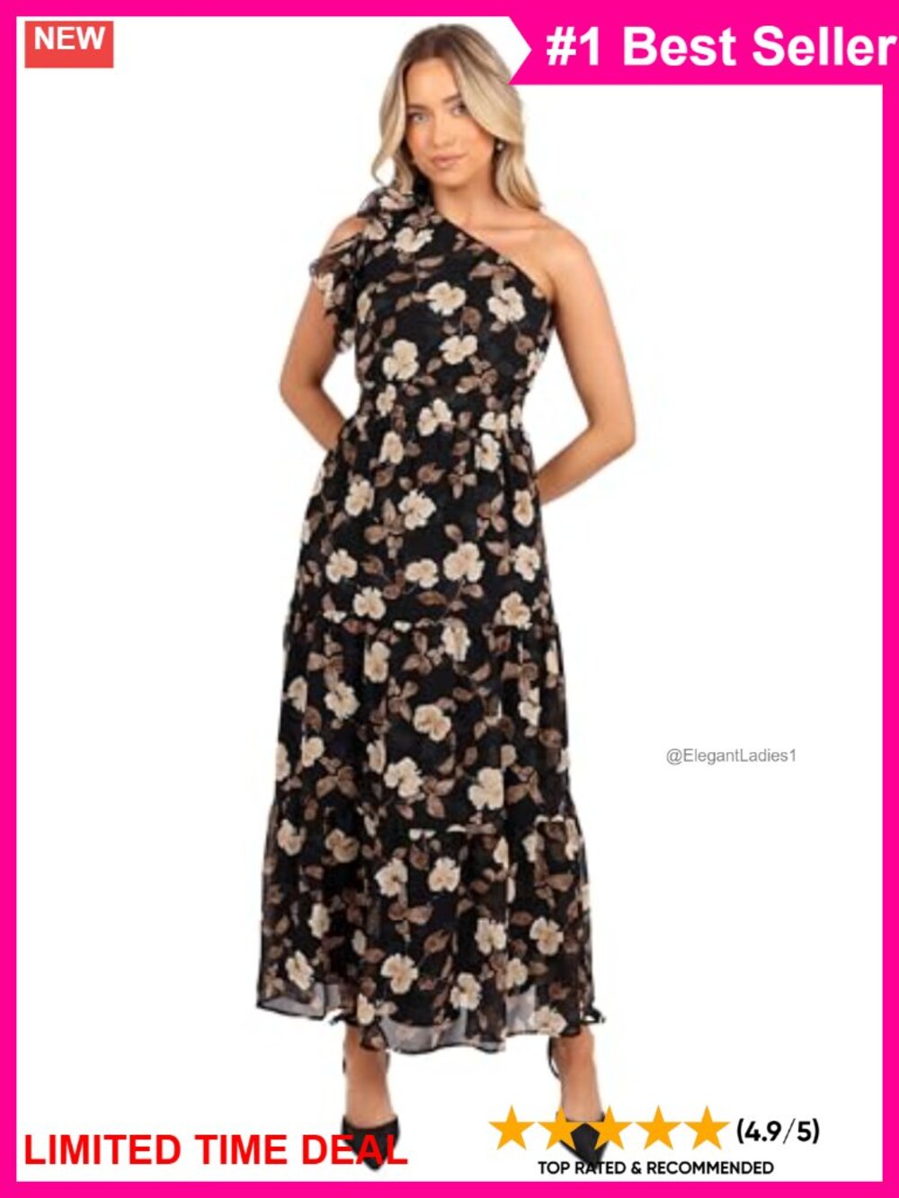 One-Shoulder Floral Maxi Dress Asymmetric Ruffle Sleeve Shirred Waist